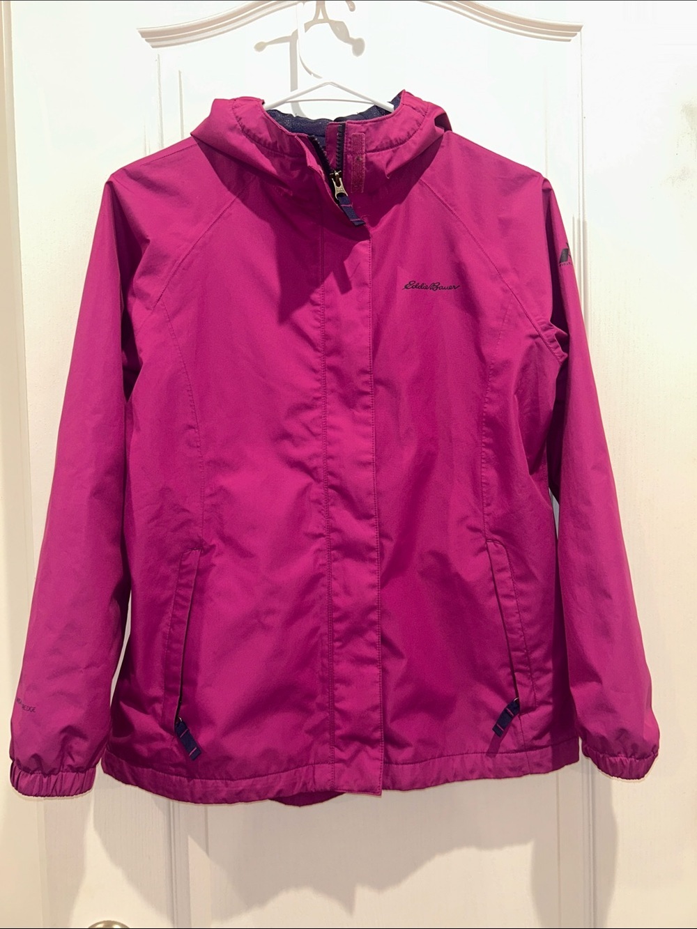 Eddie Bauer Girl’s FirstAscent Fuchsia Hooded Rain Jacket, Size Large (14-16)